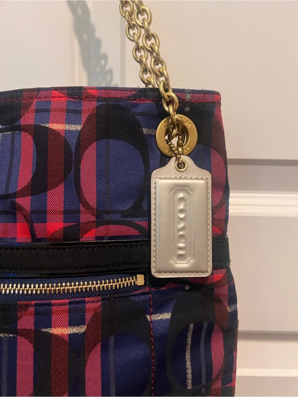 Coach Poppy metallic Tartan Plaid slim chain tote